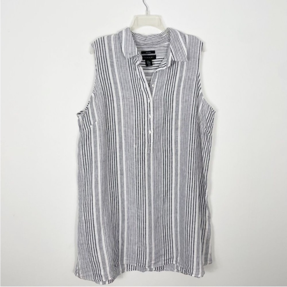 Tahari Womens Shift Dress Gray White Stripe Button Sleeveless 100% Linen Plus 2X - Picture 6 of 6